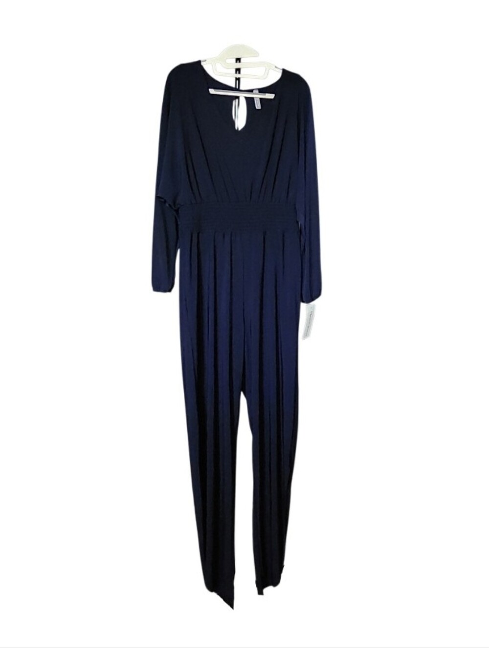 Elegant Navy Long-Sleeve Jumpsuit with Smocked Waist
